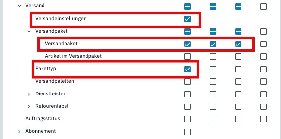 Berechtigung Versand: Versandeinstellungen, Versandpaket, Pakettyp aktiviert