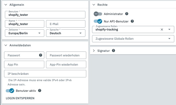 PlentyOne Benutzereinstellungen mit Nur-API-Benutzer und zugewiesener Rolle