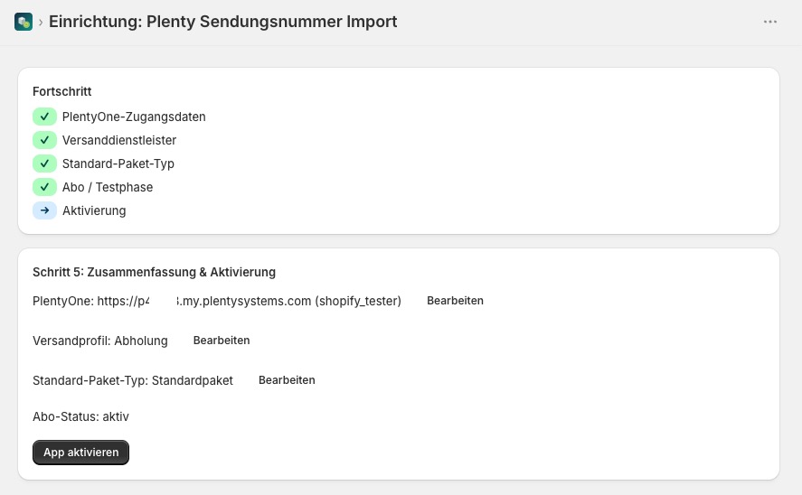 Setup Schritt 5: Zusammenfassung und Aktivierung